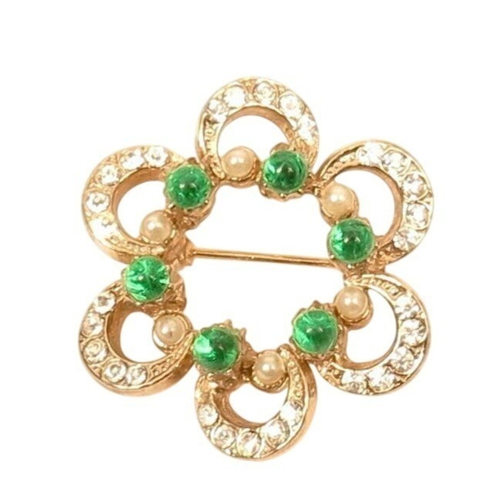 Vintage Clear Rhinestone & Emerald Green Glass Crescent Moon Wreath Brooch Pin